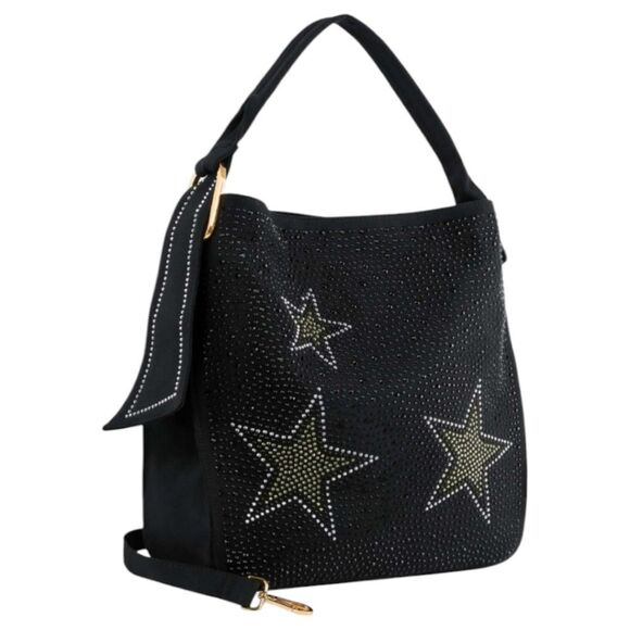 SALE Rhinestone Bling Stars Studs Denim Black Tote Shoulder Handbag Purse - Picture 4 of 6